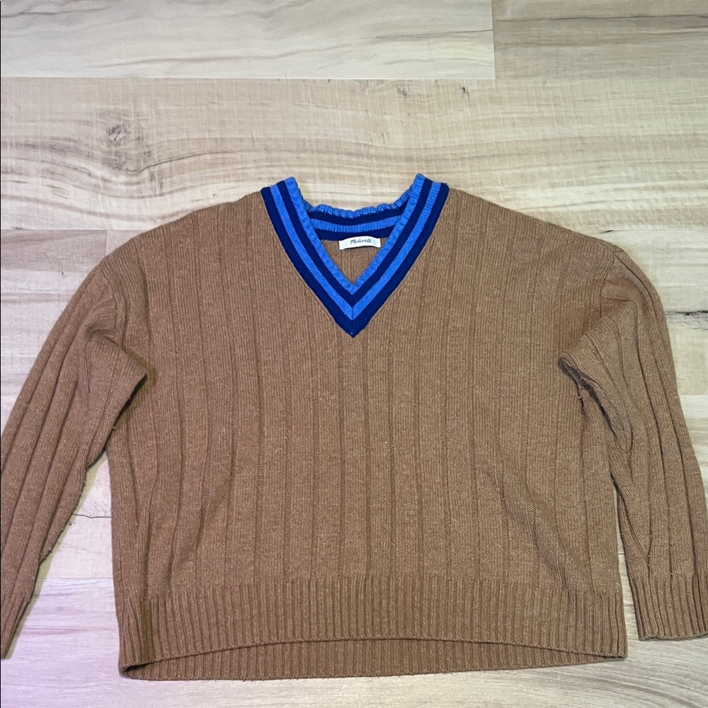 Madewell Brown V-Neck Sweater with Blue Striped Trim